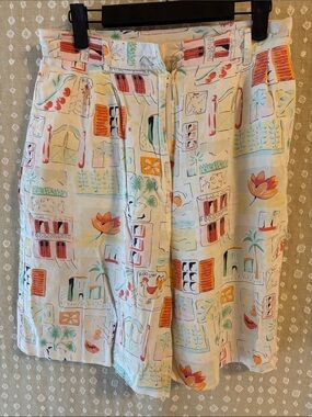 High-Waist White Vintage Tropical Print Linen Bermuda Shorts